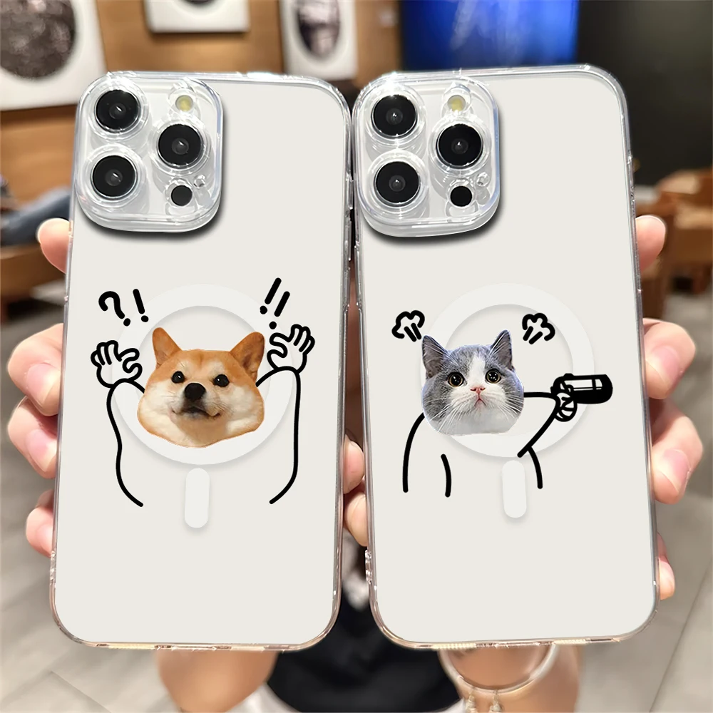 Funda de teléfono con Emojis de gato y perro para iPhone, carcasa suave de carga transparente magnética para iPhone 11, 12, 13, 14, 15, 16 Pro Max Plus, Magesafe