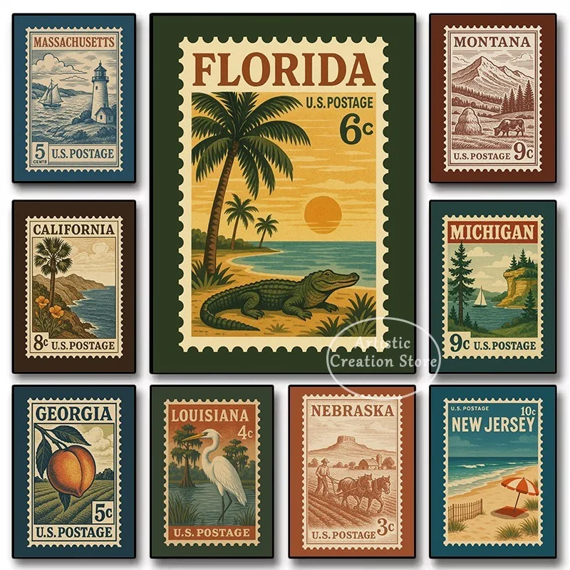 Vintage USA City Postage Stamp Style Poster California Massachusetts Florida Landscape Canvas Painting Wall Pictures Home Decor