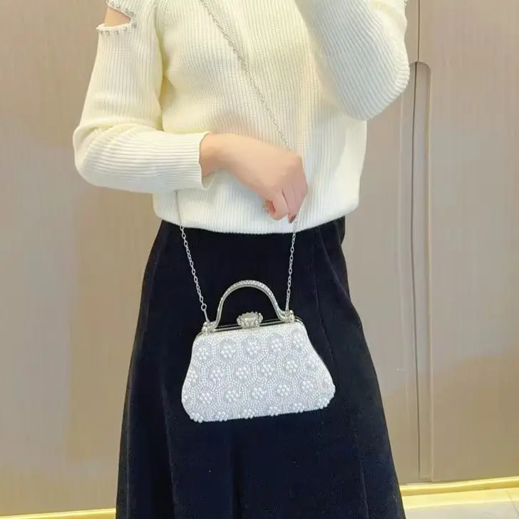 White Beading Tote Bag for Women Elegant Clutch Purse Black Pearl Handbag Wedding Party Prom Bag Vintage Crossbody Bag view 6