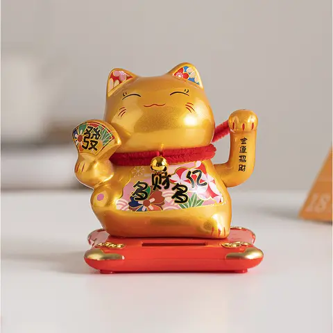 4.3 Inch Solar Powered Waving Ceramic Maneki-neko Lucky Beckoning Cat for Wealth Fortune, Home Office Decor, Gift for Prosperity