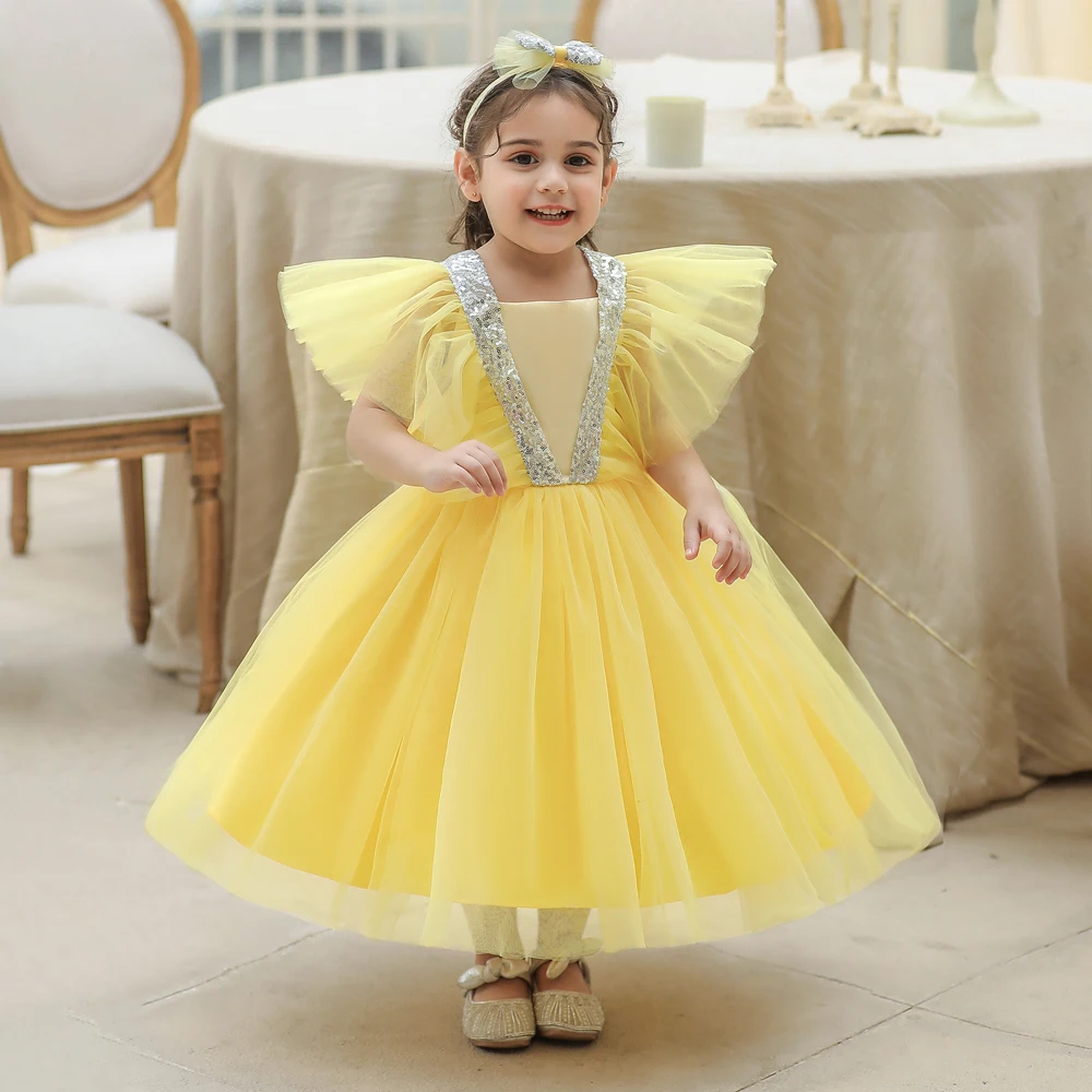 Summer Flower Kids Clothes Children\'s Clothing Bow Puffy Pageant Sequin Baby Girl Dress  Fancy Wedding Gown 0-5 Years Costume