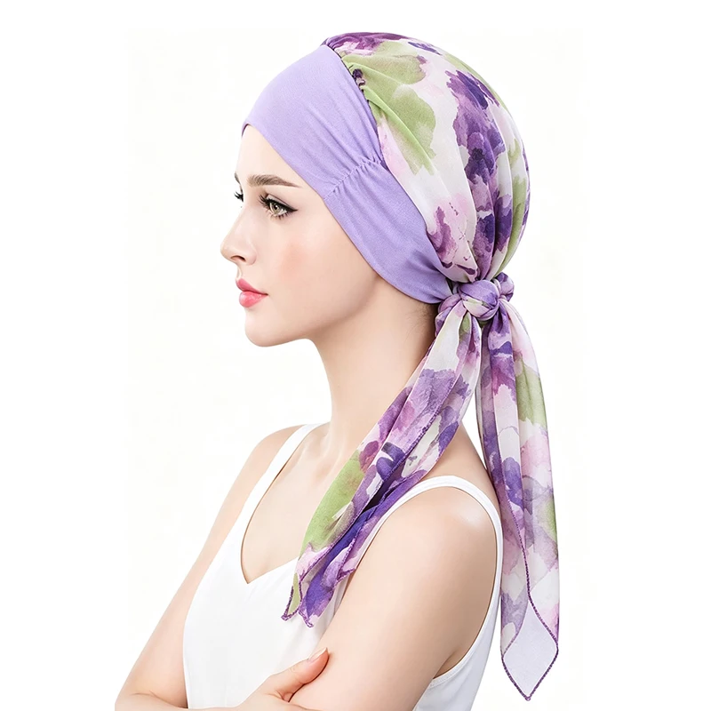 New Trendy Print Womens Elastic Pre-Tied Hijab Turban Cap Muslim Cancer Chemo Flower Print Hat Cover Hair Loss Head Scarf Wrap view 5