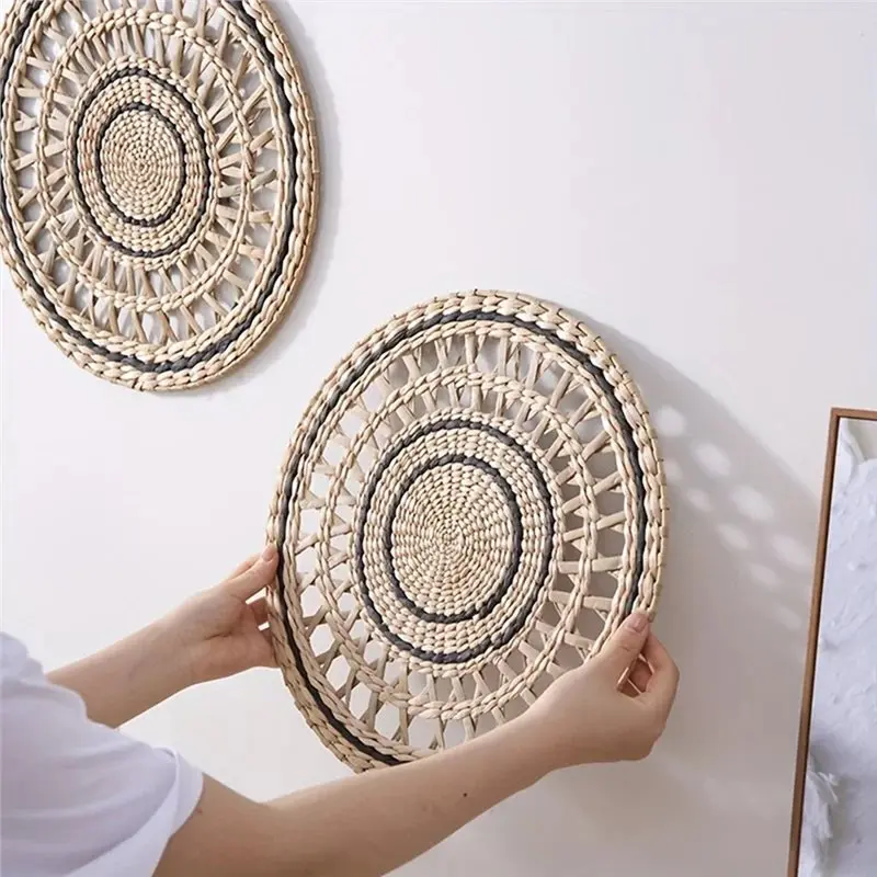 A53Q-Woven Hanging Plate Handmade Rattan Wicker Round Wall Decorative Basket Home Decoration