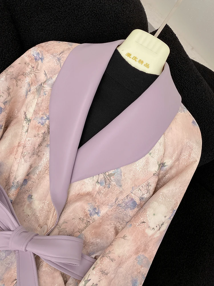 Mittellanger, mit Gürtel besetzter, bedruckter Trenchcoat aus echtem Leder mit Revers, 25, neuer Herbst-Einreiher, lila, eleganter Mantel