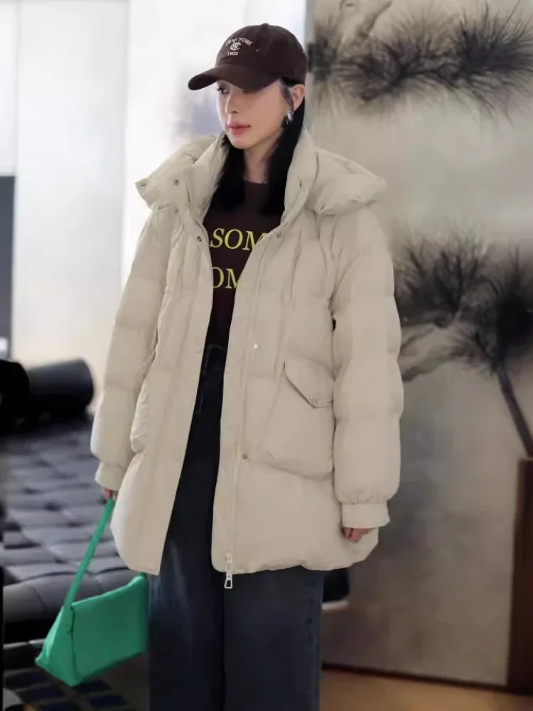 Women\'s Winter Coats Warm Casual Loose Over Size Mid-Long Puffer Jacket Outwear 90% White Duck Down Thicken Hooded Lady Jackets