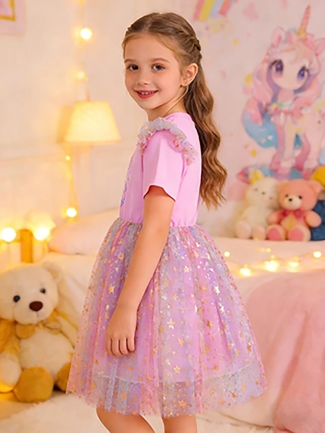 Little Girls' Unicorn Star Tulle Princess Dress, Summer Sequin Short-Sleeve Dress