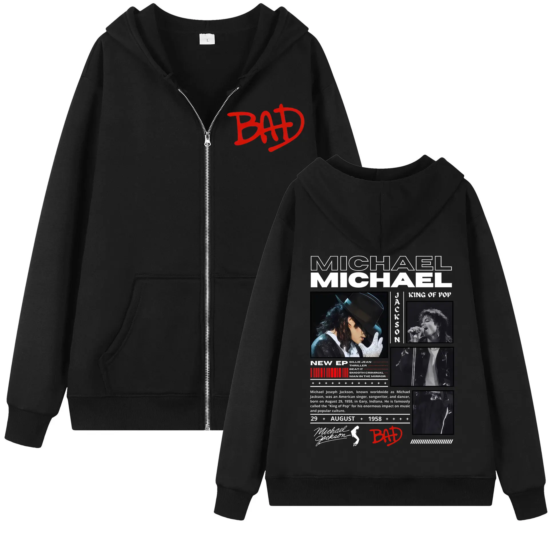 

90's Michael Jackson Classics Zipper Hoodies Men Women Fashion Rock Zip Up Jacket Pullovers Casual Loose Long Sleeve Sweatshirts