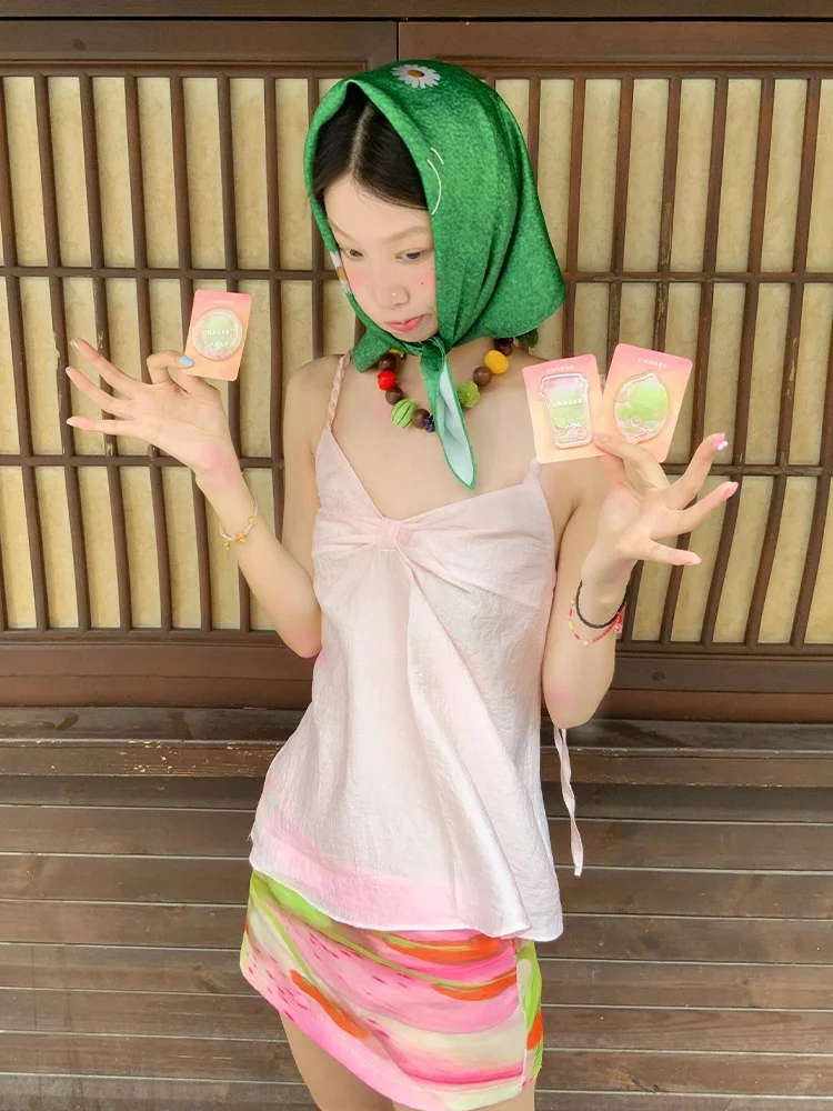 

Glossy Pink Vest Women's Summer Design Knot Svel Slimming Sexy Top Street Sle Regular Length