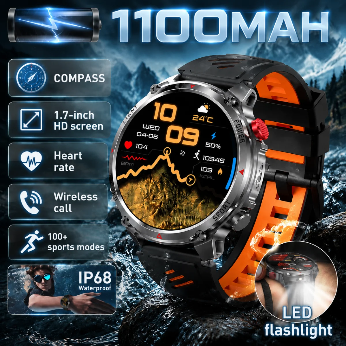 New Ultra Outdoor Sports Smart Watch Men Built in Compass 1100MaH Battery Flashlight IP68 Waterproof Military Smartwatch For Men