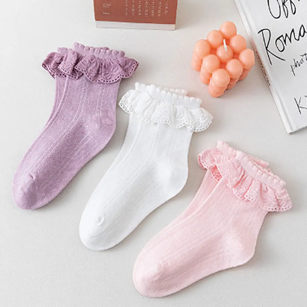 Sokken – chaussettes en coton peigné pour nouveau-né, avec nœud, couleur unie, princesse, en dentelle, pour fille