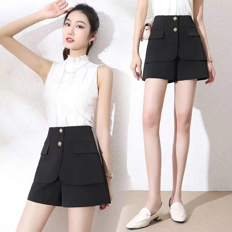 Black Fake Two Shorts Women 2023 Summer Thin Fashion Korean Version of Casual Pants High Waist Thin Wear Wide-leg Pants Comfort