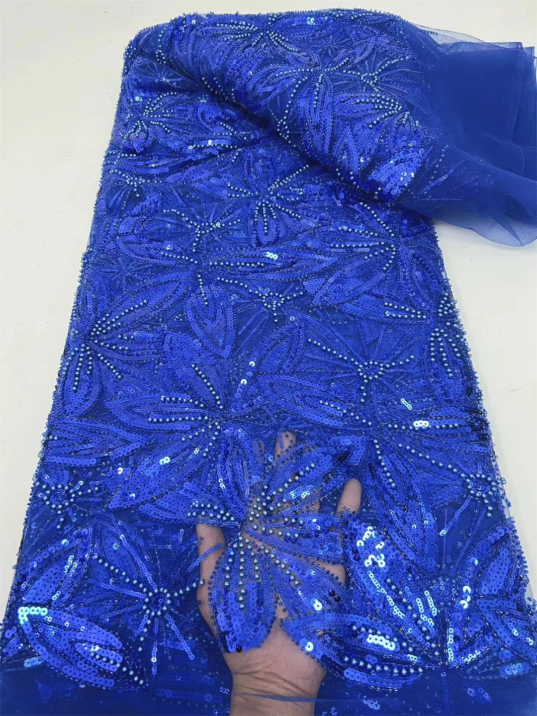 

Luxury Hand Beaded Lace Fabric Bridal Fabric High-end Wedding Fabrics French Nigerian Sequins Beads Embroidered on Tulle 5 Yards