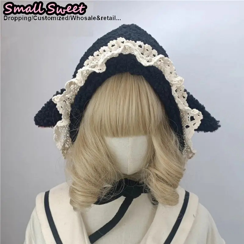 Gothic Japanese Versatile Lolita Sheep Ears Y2K Punk Falbala Lace Beanie Hat Women Cap Autumn Winter Hip-hop Pointed Knit Hats