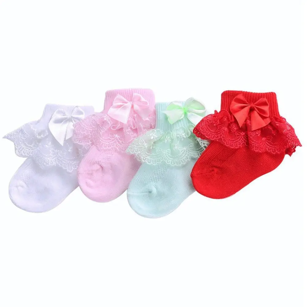 2Pairs Kids Lace Socks High Elasticity Sweat Absorbing Comfortable Bow-Knot Stockings for Baby 1-2 Years Green Orange M