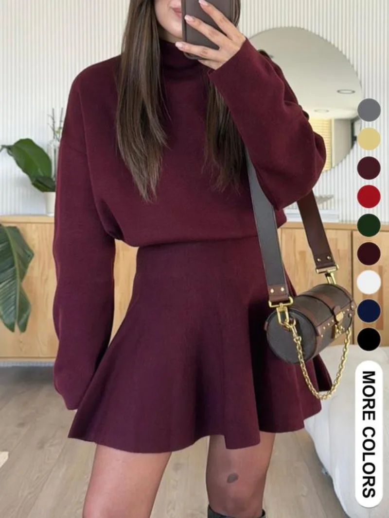 

Women's Casual Half-High Neck Long Sleeve Knit Dress, Plain Color Loose-Fitting Sweater Dress, Fall & Winter Fashion