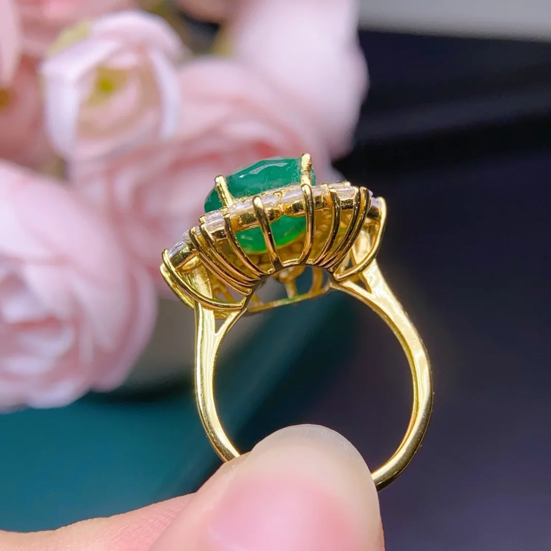 Custom 9x11mm Natural Emerald Ring 925 Sterling Silver Fine Crafted Inlay Adjustable Open Band Halo Statement Ring for Women