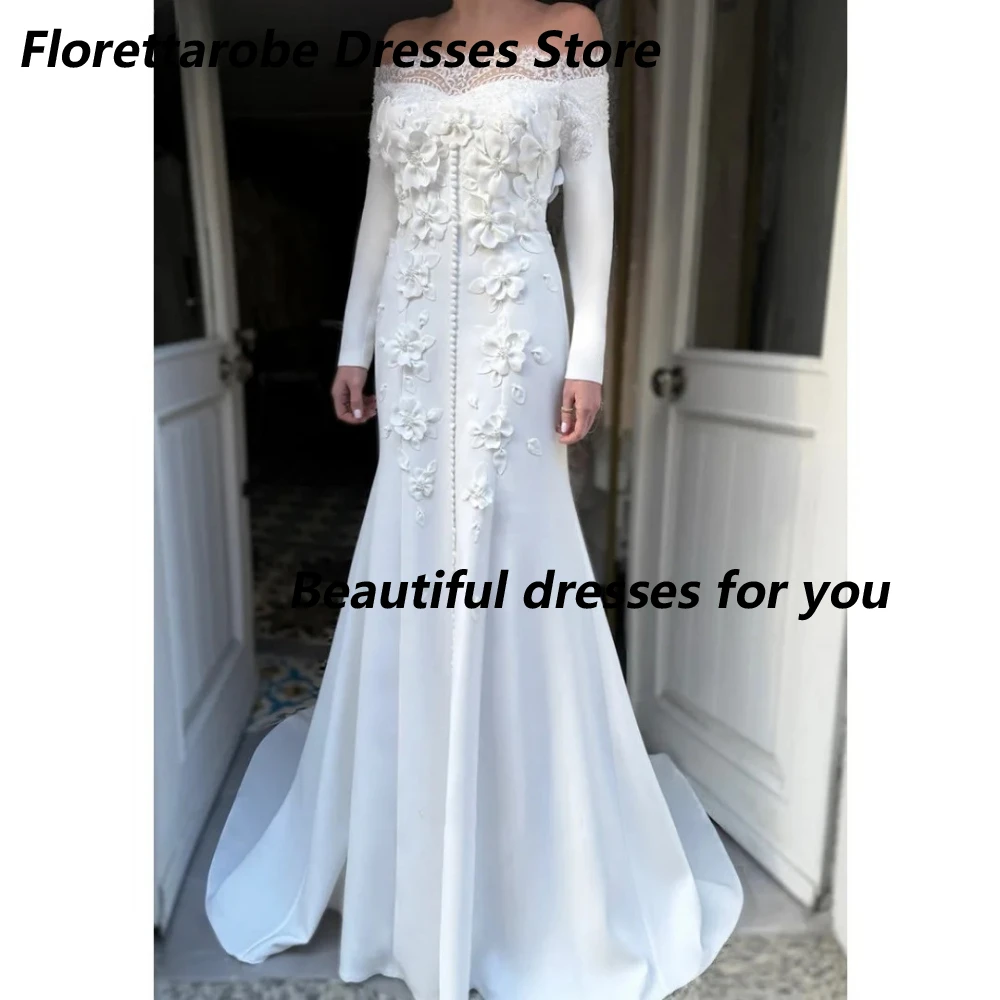 

Elegant Evening Dress Customized Off The Shoulder Lace Button Flowers Mermaid Prom Gown Long Sleeves Floor Length Party Dresses