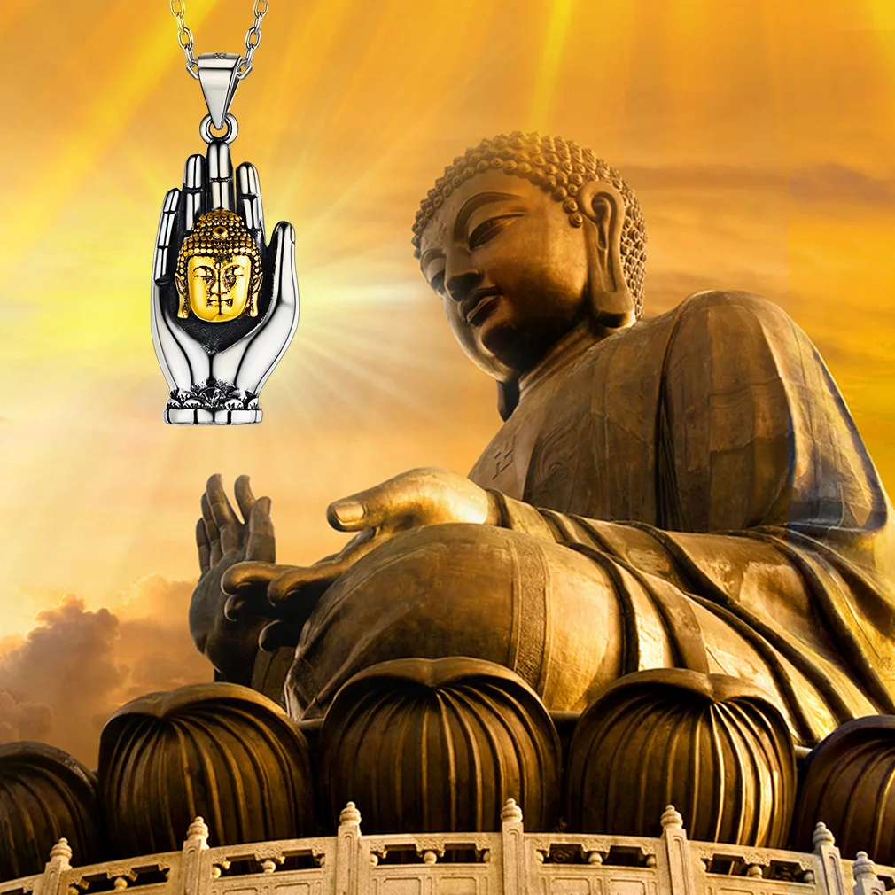 U7 النحاس Abhaya Mudra لفتة اليد 925 فضة بوذا رئيس قلادة قلادة 18 بوصة سلسلة للجنسين البوذية مجوهرات هدية #6