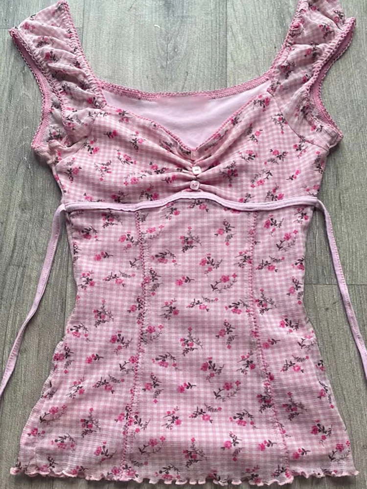 Kawaii Bow Lace Trim T-shirt Vintage Striped Patchwork Slim Fit Crop Top Y2K Aesthetic Fairy Grunge Retro Pullover Tee Women top