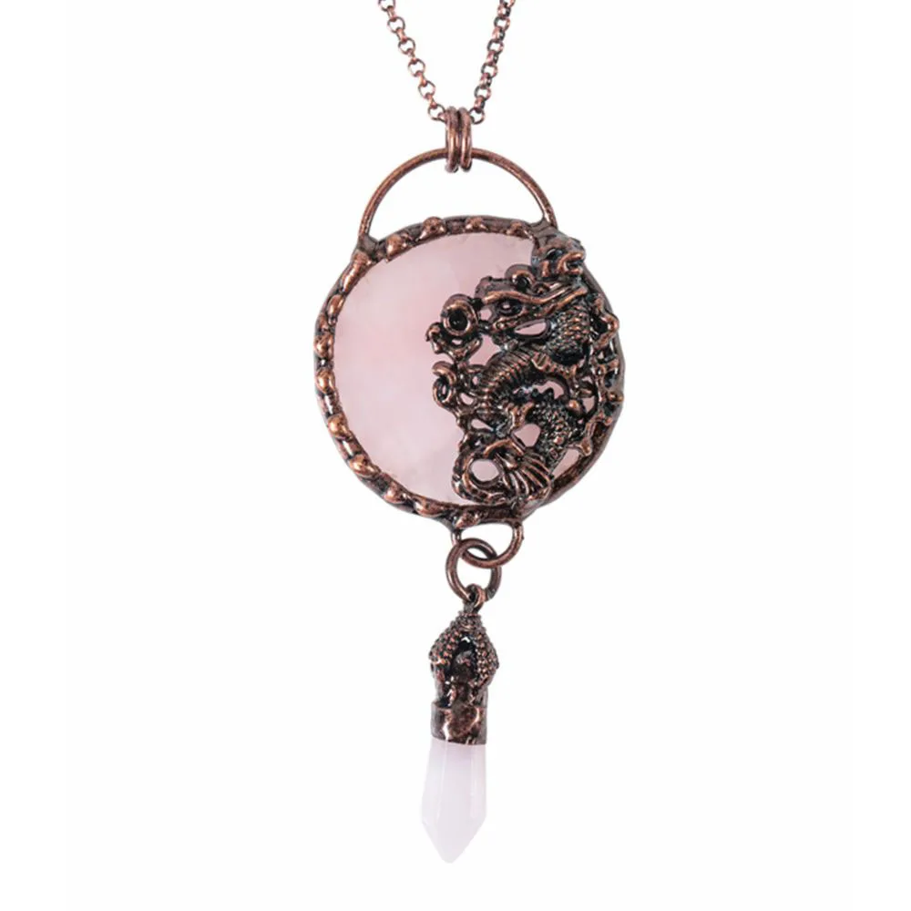 

New Natural Rose Quartz Disc With Hexagonal Pillar Pendant Dragon Totem Pattern Bronze Retro Reiki Healing Necklace Jewelry