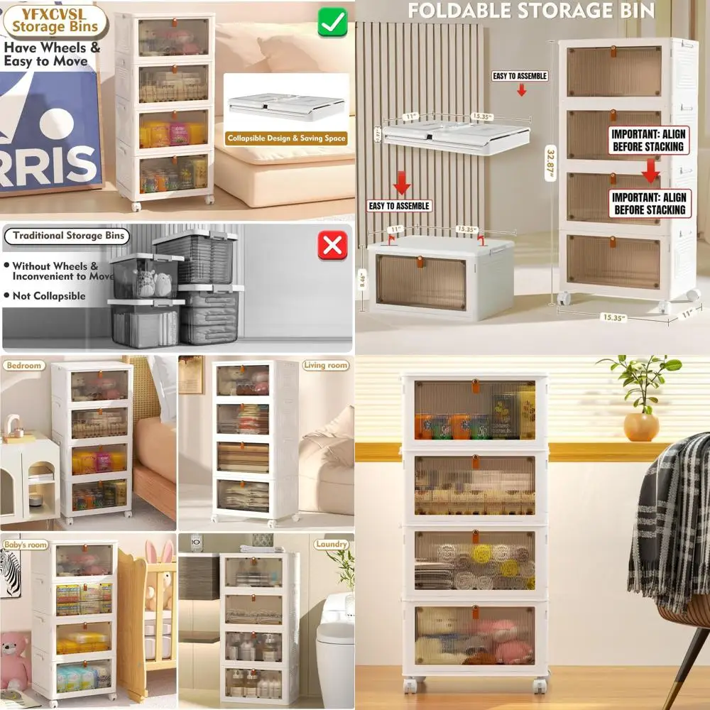 

Stackable 4-Tier Plastic Storage Bins with Lids, 23-Quart Collapsible Containers on Wheels for Home, Office, Dorm, and Closet Or