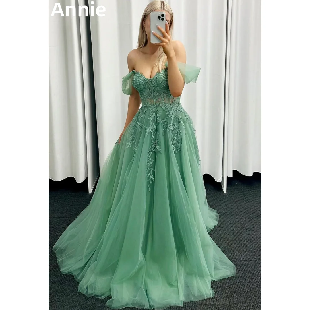 Annie Fairy-vestido de fiesta verde, traje de noche con hombros descubiertos, bordado, línea A, tul, ocasiones formales, elegante