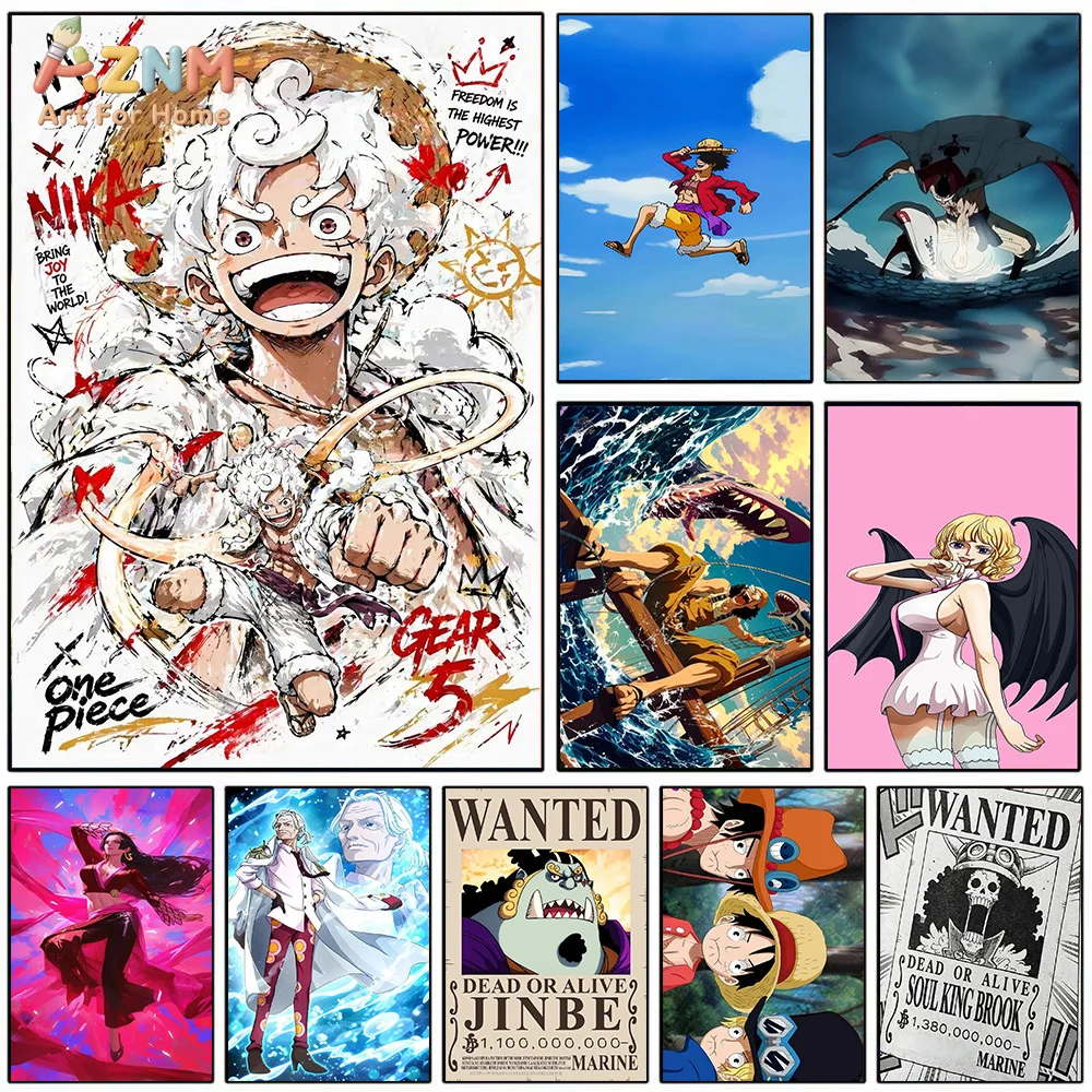 AZNM Lienzo Decorativo de Anime One Piece, Luffy Gear 5 Nika Jinbe Brook, Póster de Busca de Recompensas, Impresión HD, Pintura sin Marco, Estilo Manga Japonés