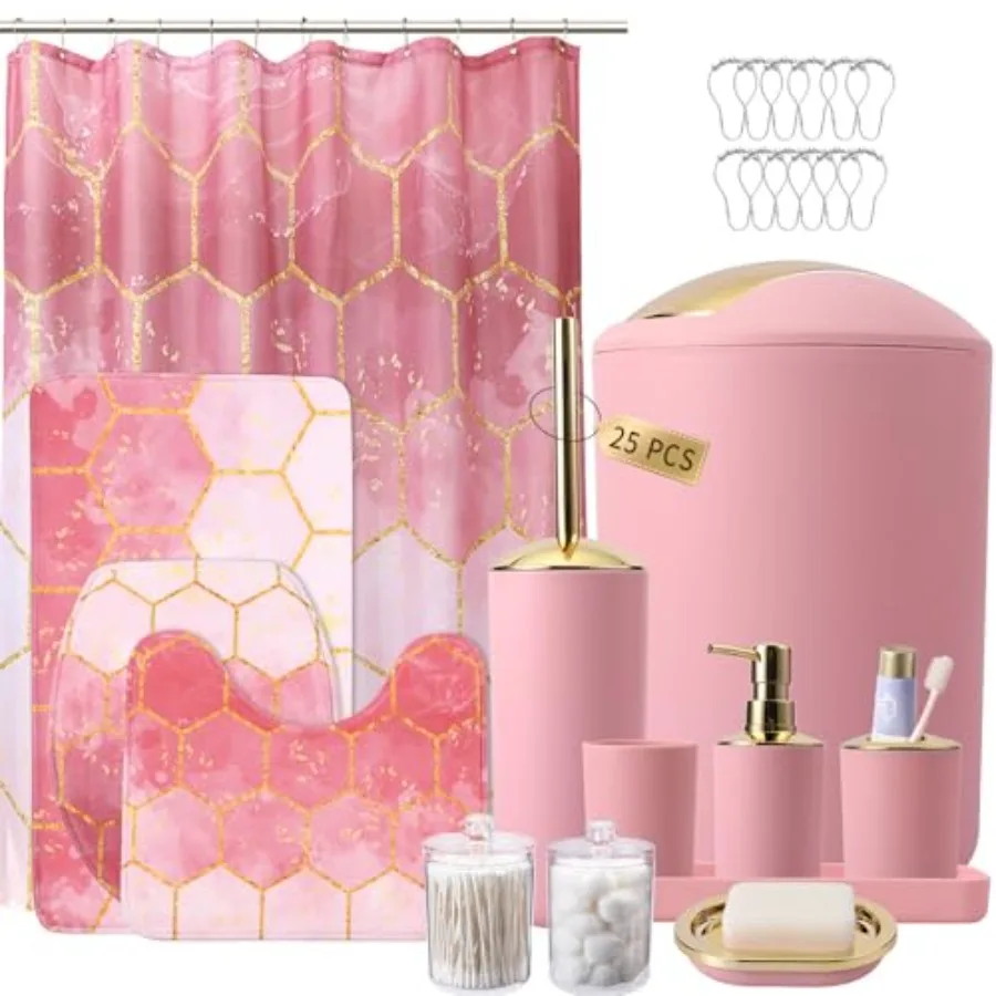 

25 Pieces atroom t Pink and Gold atroom Accories t Sower Curtain and Rugs Tras Can Toilet rus Soap Dispenr Soap Dis Tootrus old