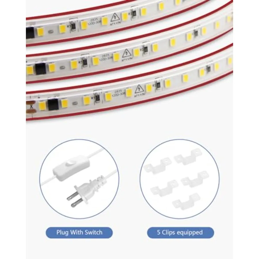 LED Strip Lights for Bedroom with Self-Adhesive AC 110V-120V 3000K Waterproof Outdoor Flexible LED Rope Light Super Bright Plug view 3