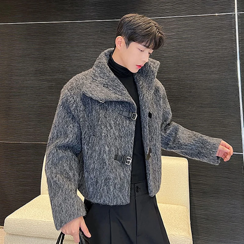 IEFB Wool Coat Trend Men\'s Autumn Winter Design Thickened Grey Woolen Cloth Leather Button Stand Collar Short Windbreaker 9C2080