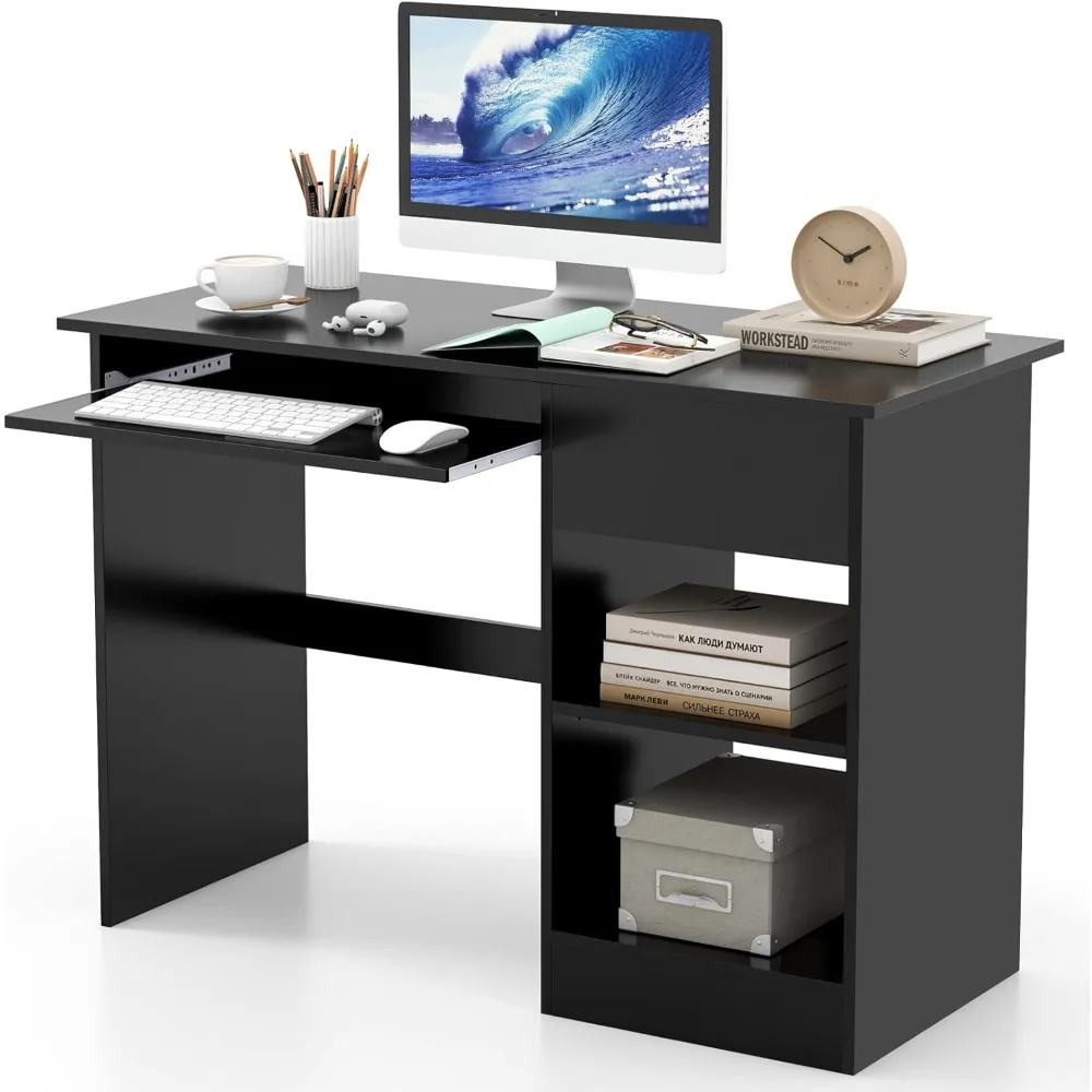 Black Desk with Drawer, Wooden Computer Desk with Pull-Out Keyboard Tray & Adjustable Storage Shelves, Modern Laptop PC Desk wi