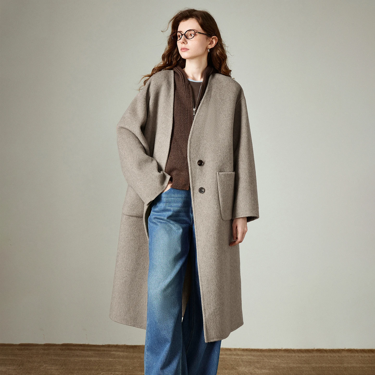 TOYOUTH 여성 울 코트 2025 겨울 신상 브이넥 중간 길이 레트로 여성 오버코트 재킷 카멜 블랙 그레이