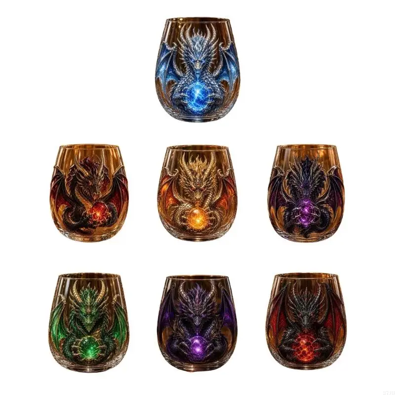 Shelf Display Glass Cup with Fantasy Dragon Pattern, Wide Opening and Thick Bottom for Daily Beverage Service Use 37JD