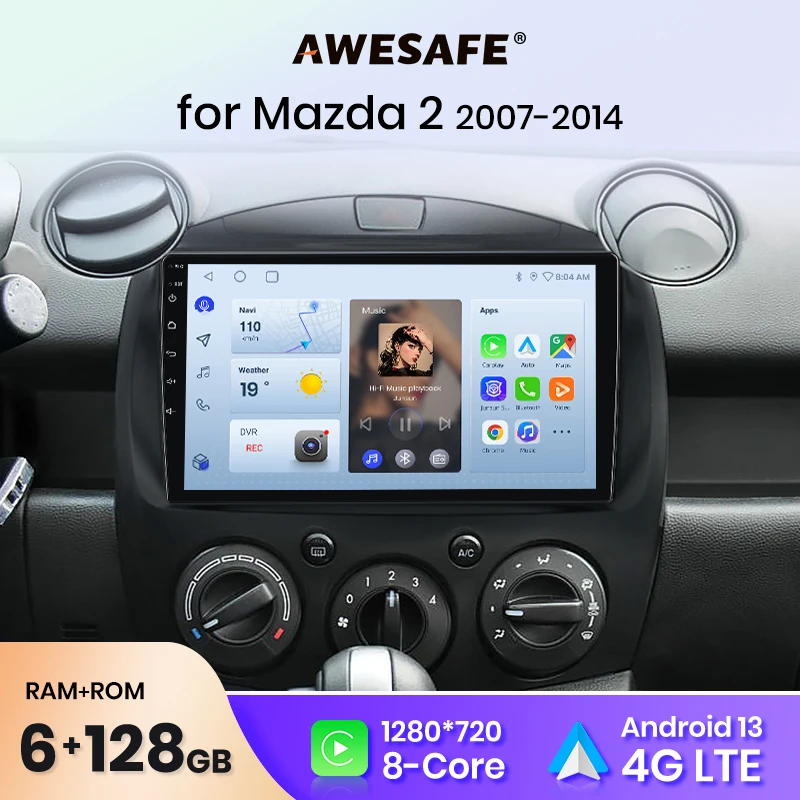 AWESAFE Android 13 Auto Radio for MAZDA 2 Mazda2 2007 2008 2009-2014 Wireless CarPlay Multimedia Screen stereo GPS 2din DSP RDS