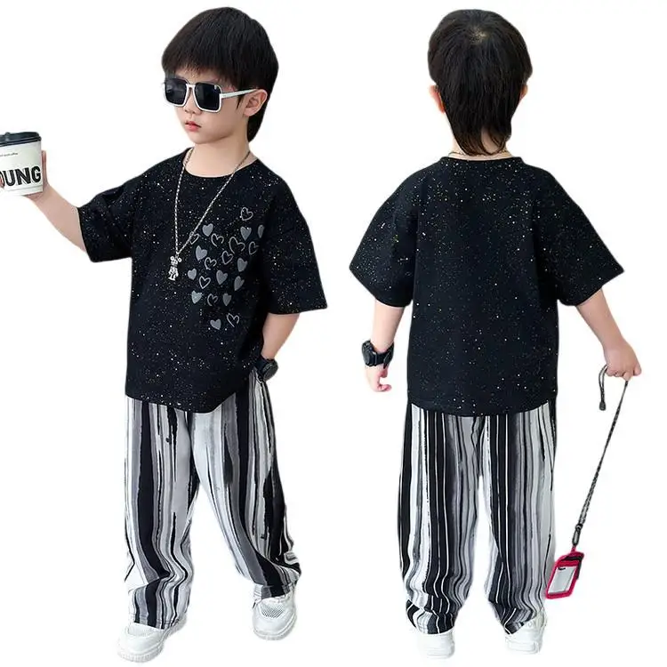 

Trendy Boys Summer Black Star-printed T-shirt with Black and White Vertical Striped Casual Pants Two-piece Fashion Outfit For