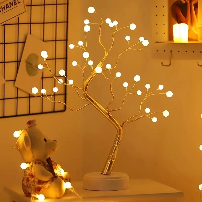 Lampada da albero di perle a 36 LED per la decorazione della casa e della camera da letto da tavolo Luce notturna alimentata tramite USB a batteria