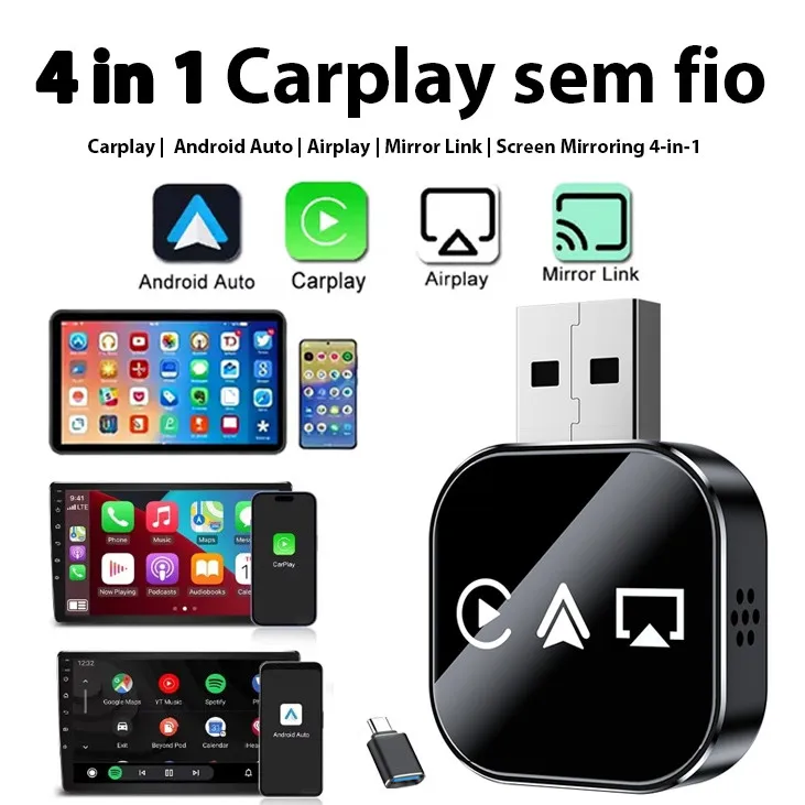 Smart Dongle 4-in-1 Wireless CarPlay Adapter for Apple iOS Airplay For Android Auto Mirror link, Plug & Play