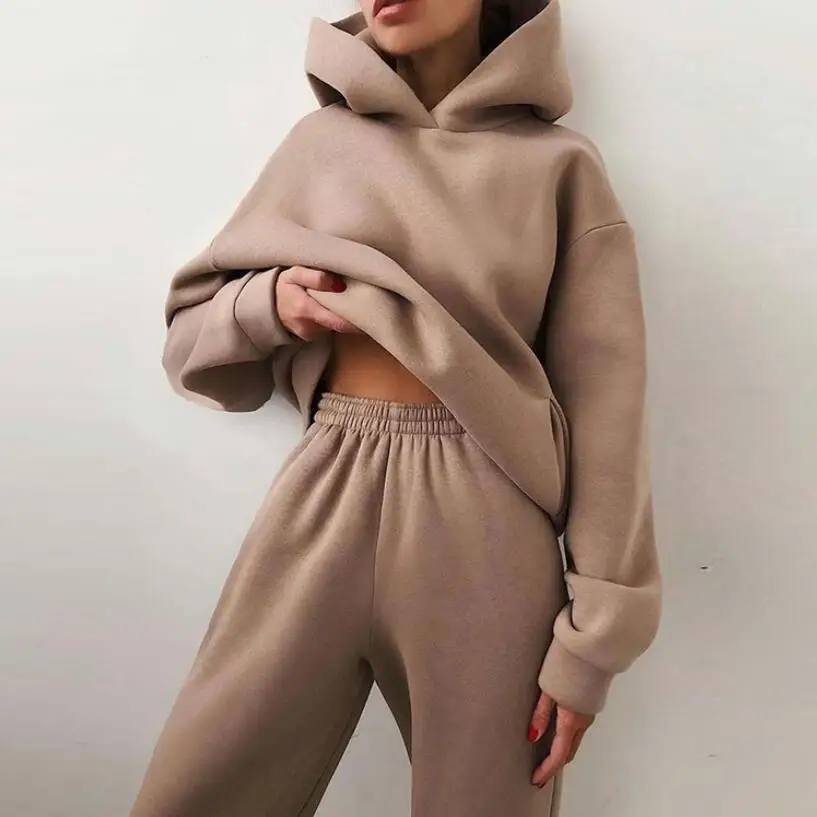 Women\'s Tracksuit Suit Autumn Fashion Warm Hoodie Sweatshirts Two Pieces Oversized Solid Casual Hoody Pullovers Long Pant Sets