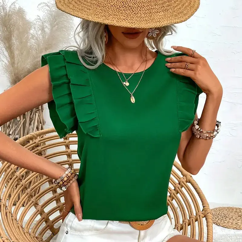 Fashion Loose Solid Green Blouse Women 2024 Summer Casual Ladies Tops Casual Sleeveless O-neck Shirts Blouses Elegant