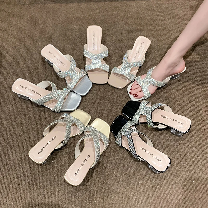

2024 New Luxury Square Toe Women's Rhinestone Slippers Transparent Crystal Sexy Plus Size Fashion High Heels Crystal Slippers