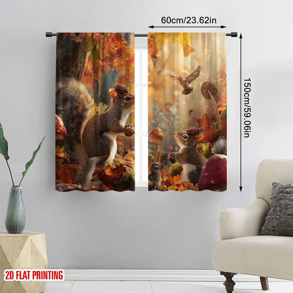 2pcs 2D flat printing Happy St Patrick's Day Scene Curtain Live autumn leaves_ squirrels_ mushrooms and chestnuts scene