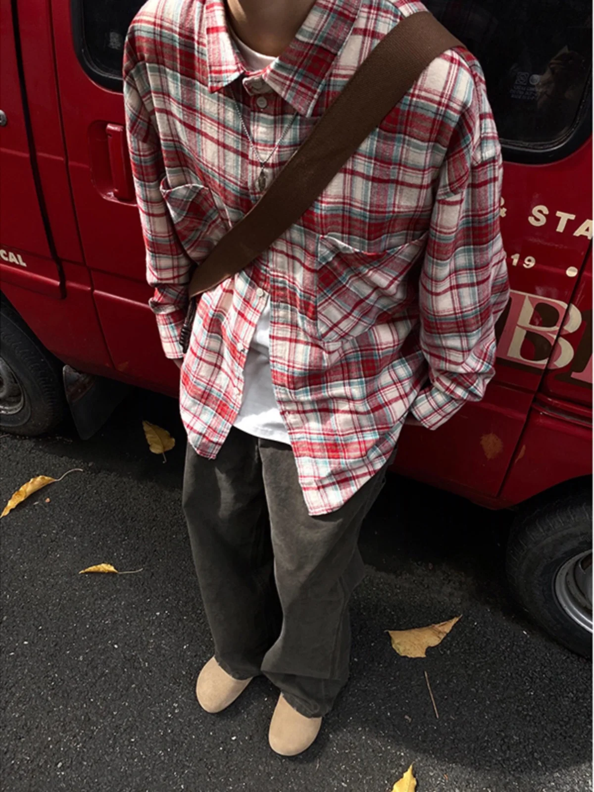 American Retro Red Plaid Men's Long Sleeve Shirt Cleanfit Street Casual Early Autumn Jacket Loose Fit Youth Trendy