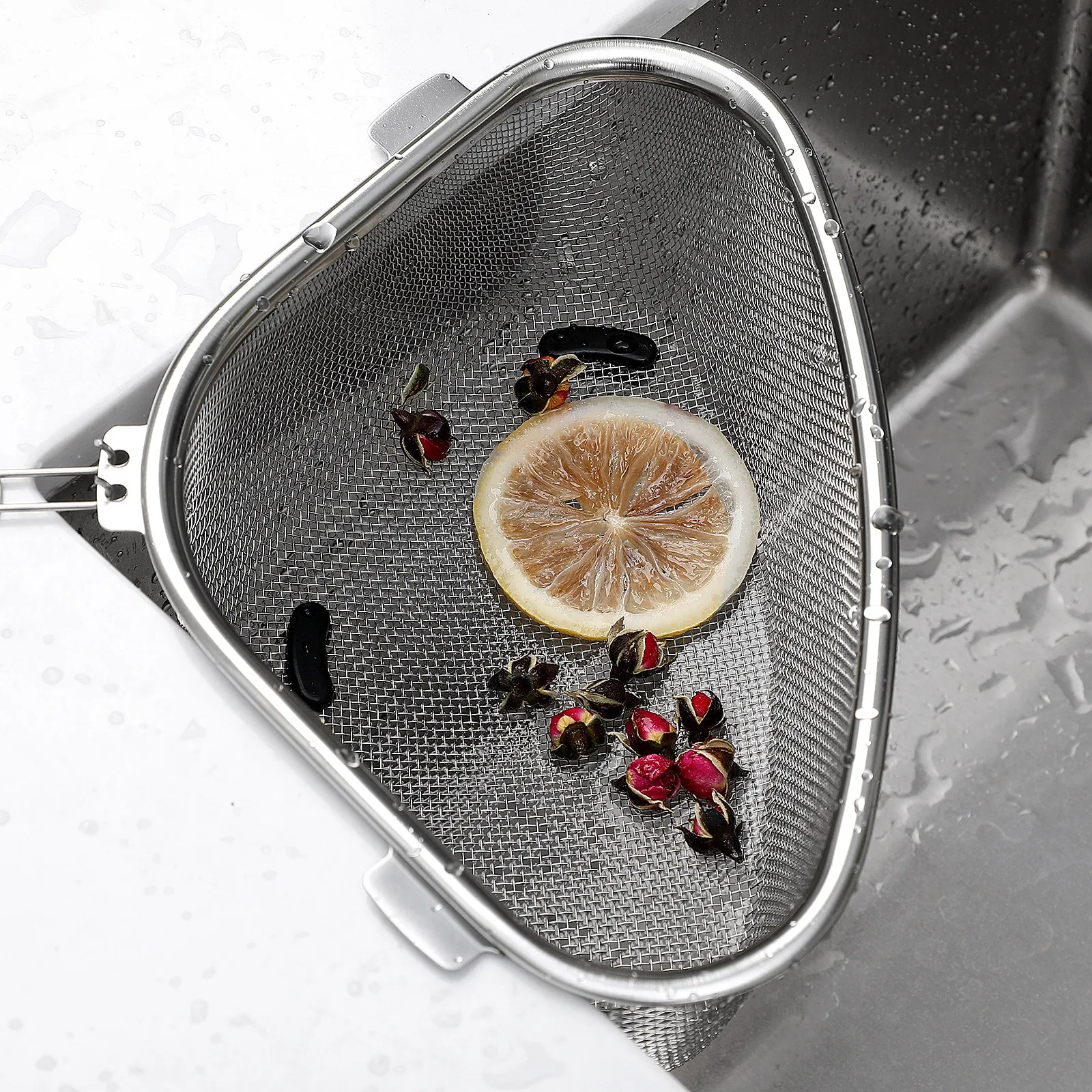 

Triangle Corner Sink Strainer Stainless Steel Drain Basket Shelf Multifunctional Food Residue Filter