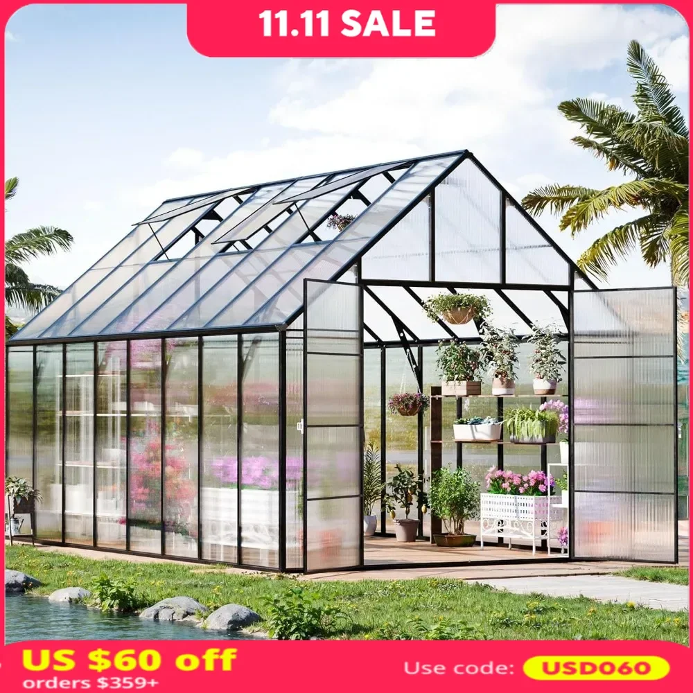 10x16 FT Greenhouse，Upgraded Polycarbonate Greenhouse W/3 Vents Window, Swing Door & T Connector，Walk-in Green House