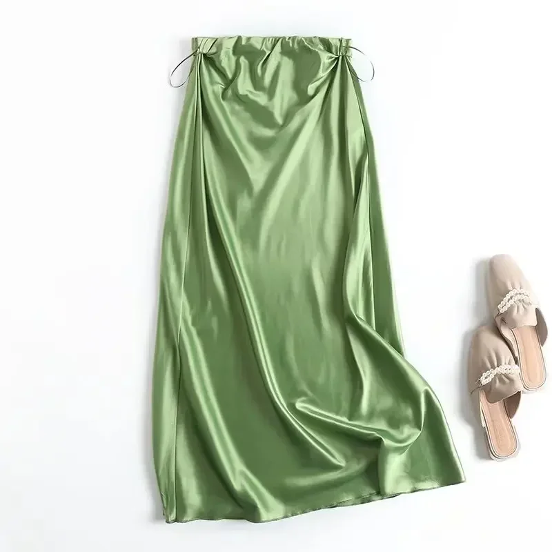 Women's Chic, Fashionable and Versatile Mid-length Dress With Satin Texture in 2023 Retro Elastic Waist Drawstring Skirt