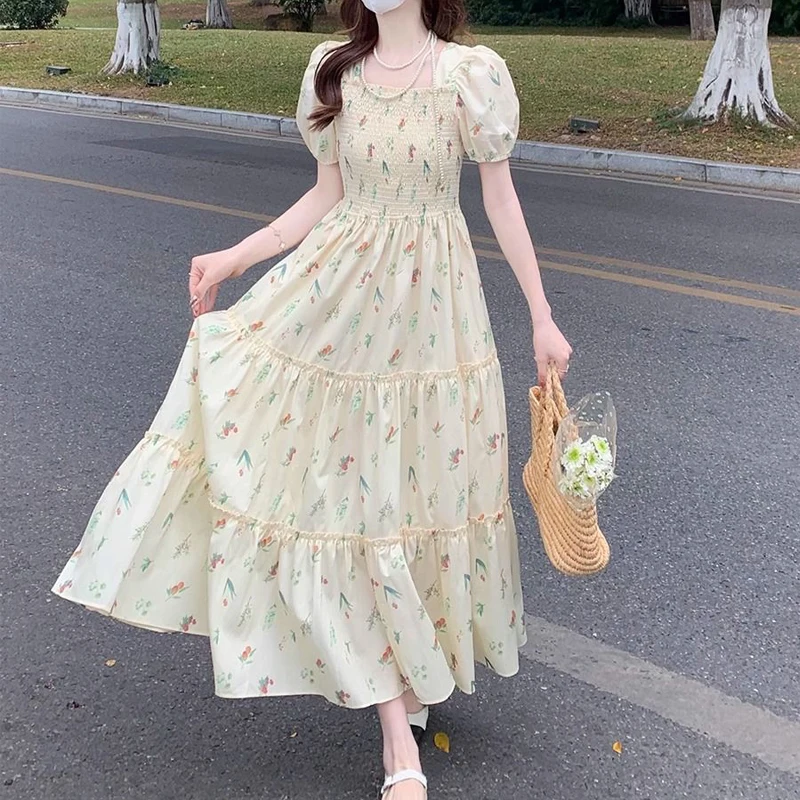 Women Vintage Fashion Ruffle Floral Print Square Neck Elegant Dresses Summer Sweet Chic Short Sleeve Slim Fairy Beach Maxi Dress