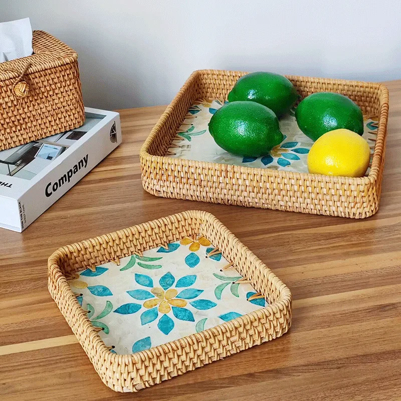 Hand-Woven Rattan Shell Tray Fruit Tray Bun Basket Breakfast Basket European Square Bread Snack Basket