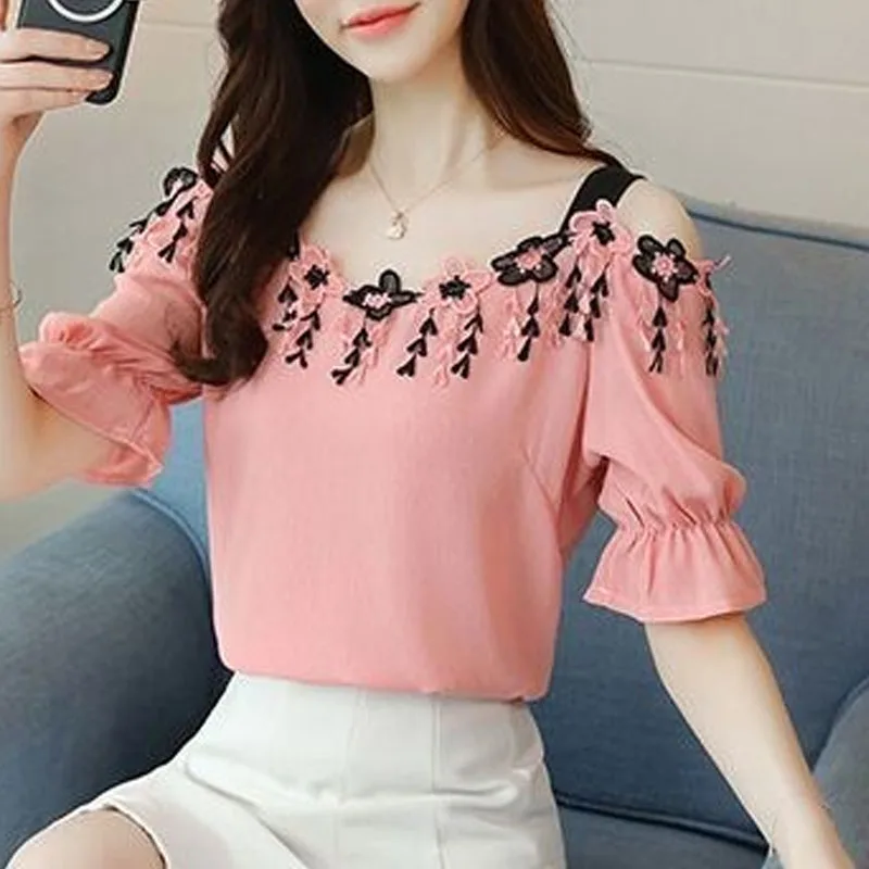 

Fashion Slash Neck Chiffon Women Blouses Short Sleeve Women Blouse Shirt Off Shoulder Top Womens Tops Blouses Shirts Blusas B155