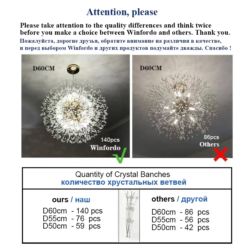 2023 Modern Crystal Dandelion Chandelier Lighting Pendant Lamp For Living Room Dining Room Home Decoration WF-P40GD Winfordo