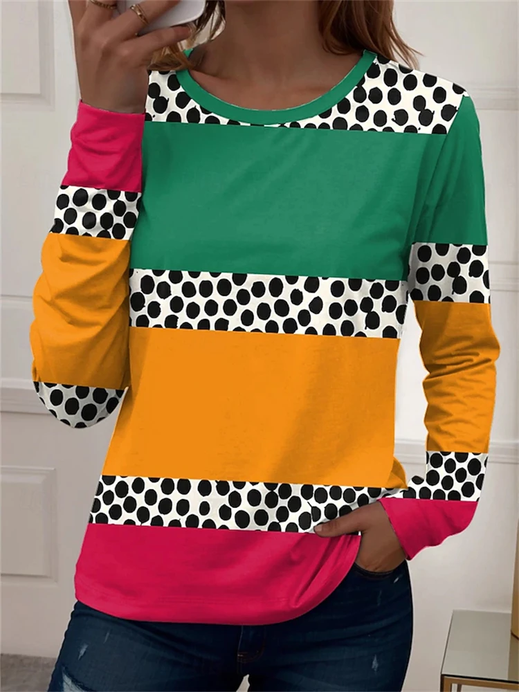 New Women's Autumn Long-Sleeve Color-Block T-Shirt Minimalist Polka-Dot Print Crew Neck Loose Fit Trendy Street-Style Top